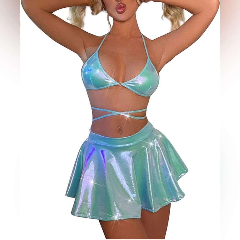 Women's Shiny Rave Outfit Holographic 3 piece set